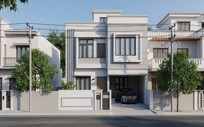 Modern double-storey residential house with a clean front elevation and parking, designed by the Best Architect Company in Lahore.