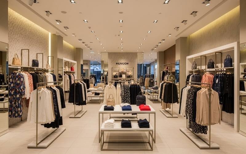 Elegant fashion retail store interior with symmetrical layout, premium finishes, and focused lighting, designed through Shop and Retail Architecture Services in Pakistan.