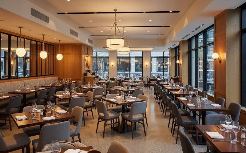 Smart and Stylish Restaurant Interior Architect design presenting a spacious modern dining area with organized seating, warm ambient lighting, and a balanced layout that enhances comfort and smooth movement.