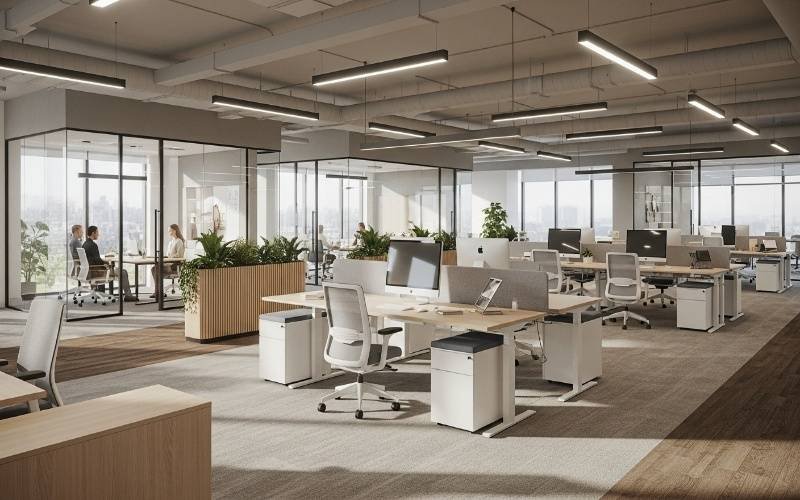 Contemporary open office interior planned through Office Architecture Design Packages in Pakistan, featuring ergonomic workstations, glass meeting rooms, and balanced natural lighting.