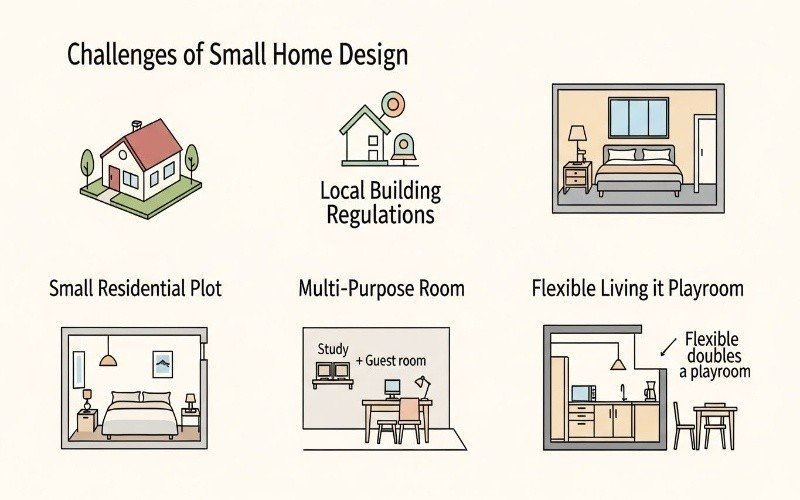 Infographic showing challenges faced by a small home design architect in Pakistan, including small plots, building rules, and multi-purpose rooms
