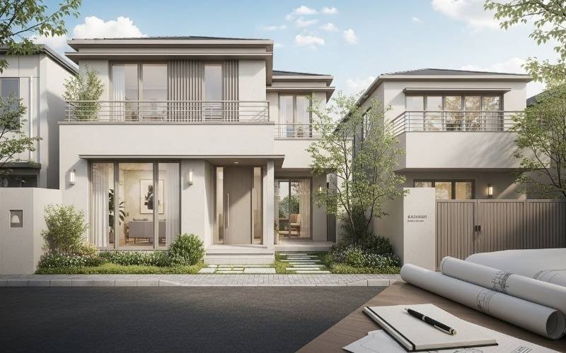 Modern two-story residential home designed by a Custom Home Design Architect for Personalized Living Spaces, featuring clean lines, large windows, balconies, and landscaped surroundings.