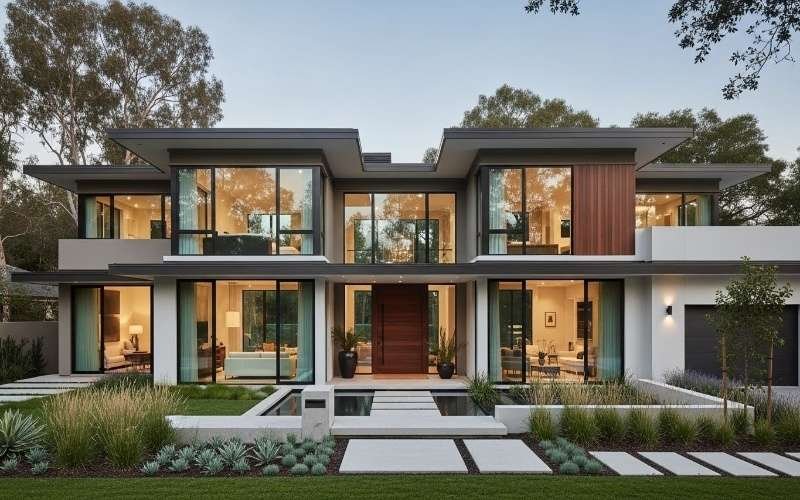 Modern luxury double-storey house with large glass windows and clean lines, showcasing Custom Home Design Packages Tailored to Your Lifestyle through thoughtful architecture and outdoor landscaping.