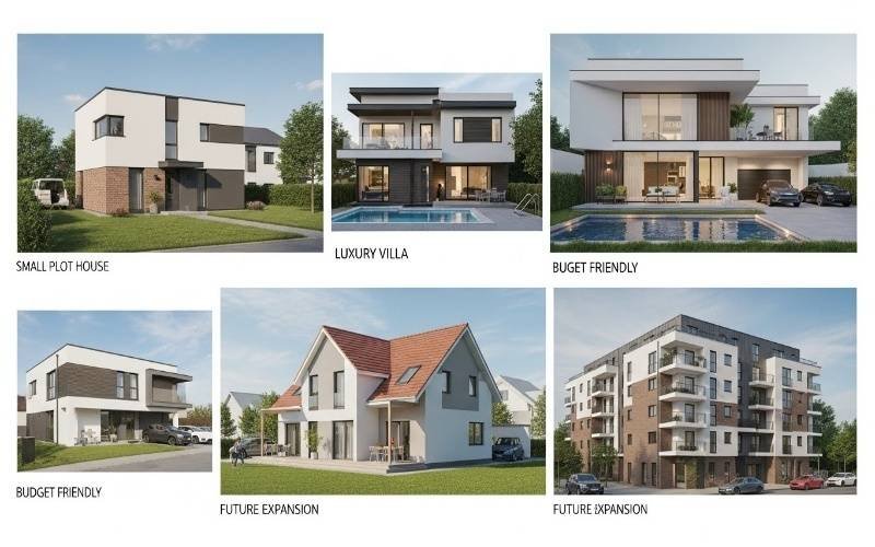 Modern residential design collage showcasing small plot houses, luxury villas, budget-friendly homes, and future expansion options, highlighting Custom Home Design Packages Tailored to Your Lifestyle.