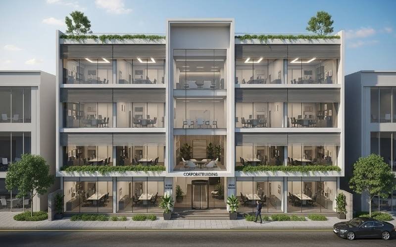 Modern corporate office building designed by an Expert Office Building Architect in Gulberg Lahore, featuring glass-front offices, clean facade, and smart commercial layout.