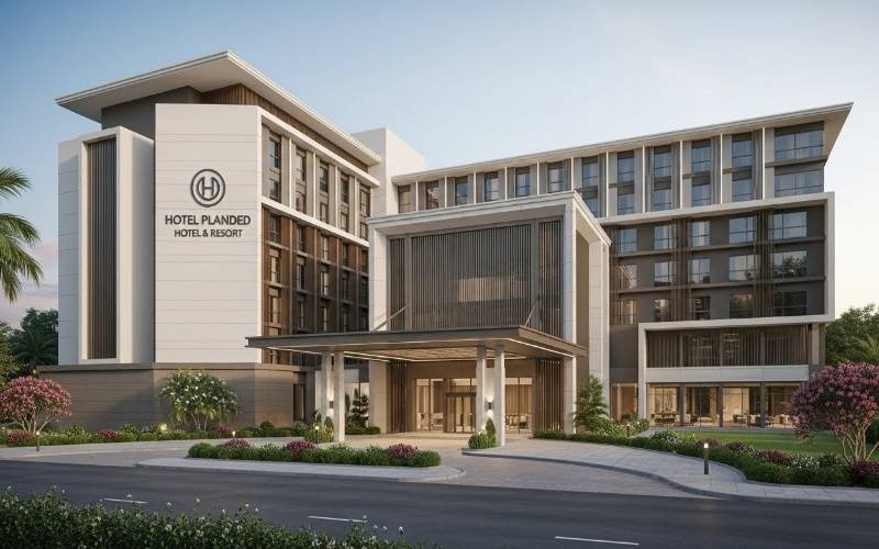 Modern hotel building designed with professional hotel and resort architect services in Pakistan, featuring a well-planned entrance, balanced structure, and contemporary hospitality architecture.