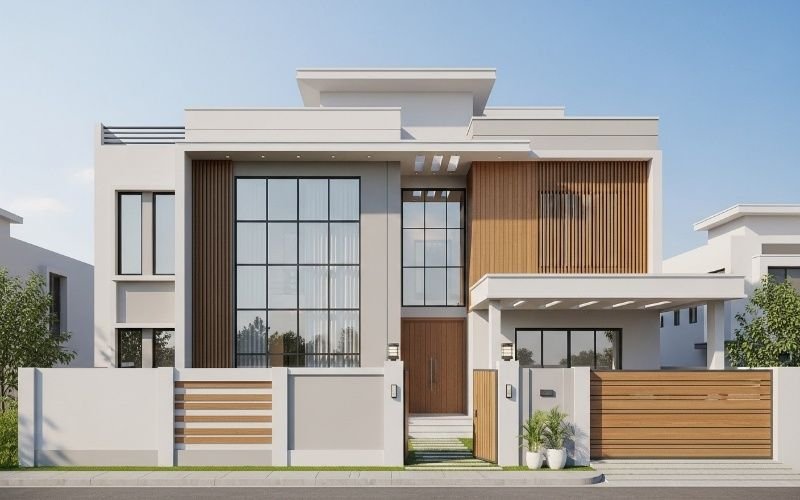 Modern luxury house exterior designed by a House Design Architect in Bahria Town Lahore, featuring a contemporary façade with large glass windows, wooden accents, and a clean white finish.