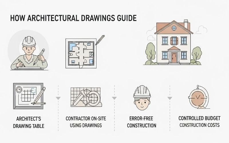 Infographic showing how architectural drawings guide construction, created by an affordable house design architect for low-budget homes to reduce errors and control costs.