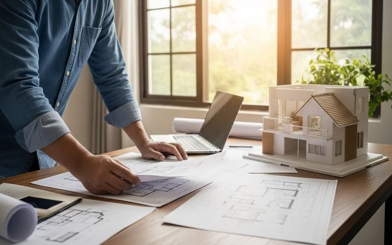 Professional architect reviewing floor plans and house model for a 5 Marla House Architect Package in Pakistan, showing smart space planning and detailed architectural drawings.