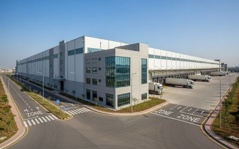 Modern logistics and warehouse facility designed under Industrial Building Architect Packages in Pakistan, featuring loading docks, truck bays, and a large-scale industrial structure.