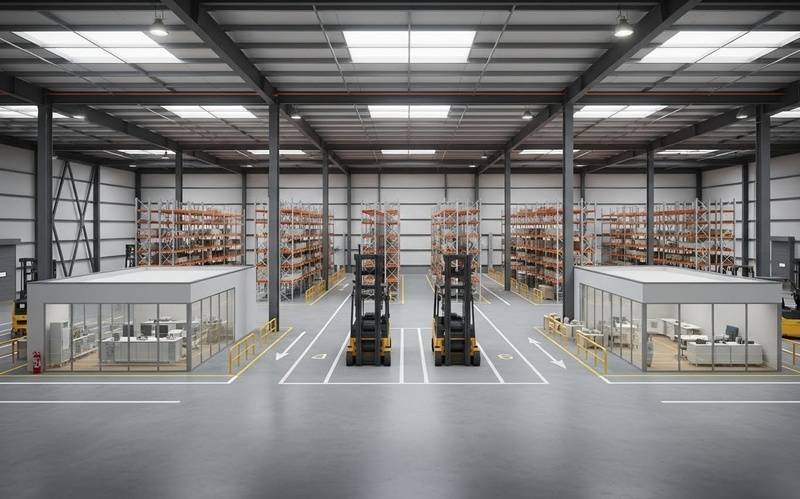 Modern warehouse interior with storage racks, forklift lanes, and office zones planned by a Professional Industrial Building Architect in Pakistan.