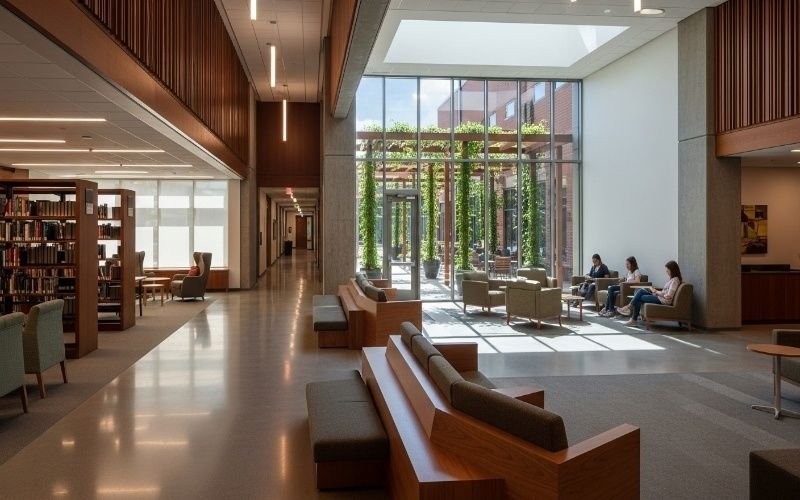 Smart School and University Building Architect designing a calm academic interior with flexible seating, natural daylight, and student-centered learning spaces.