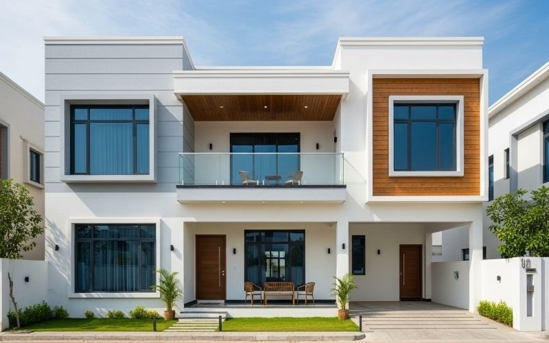 Contemporary double-storey house exterior designed by a House Design Architect in Bahria Town Lahore, featuring a modern façade, glass balcony, wooden accents, and clean white walls.