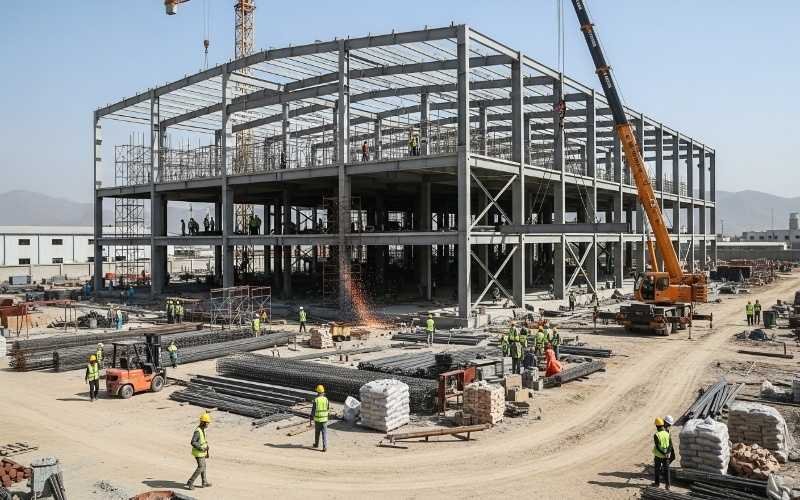 Steel structure industrial building under construction with on-site planning and execution by Industrial Building Architect Packages in Pakistan.