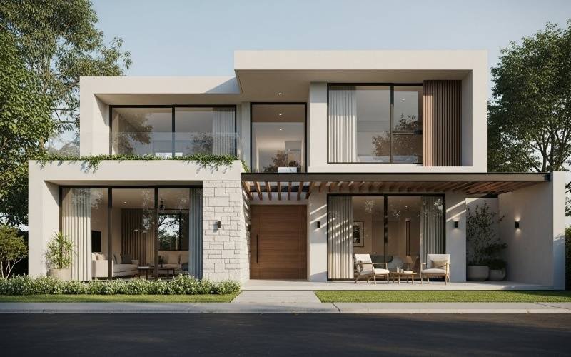 Modern warm home elevation showcasing Custom Home Design Packages by Expert Architects with clean lines, natural light, and balanced proportions.