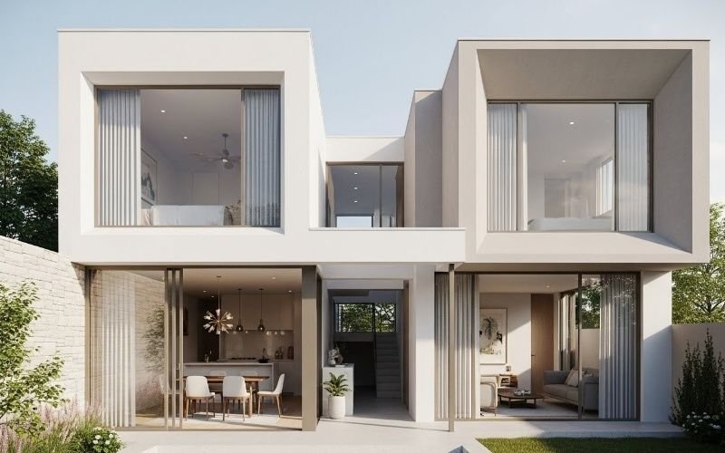 Modern residential home design showcasing residential building architect services by expert home architects with clean geometry, open layouts, and large glass windows.