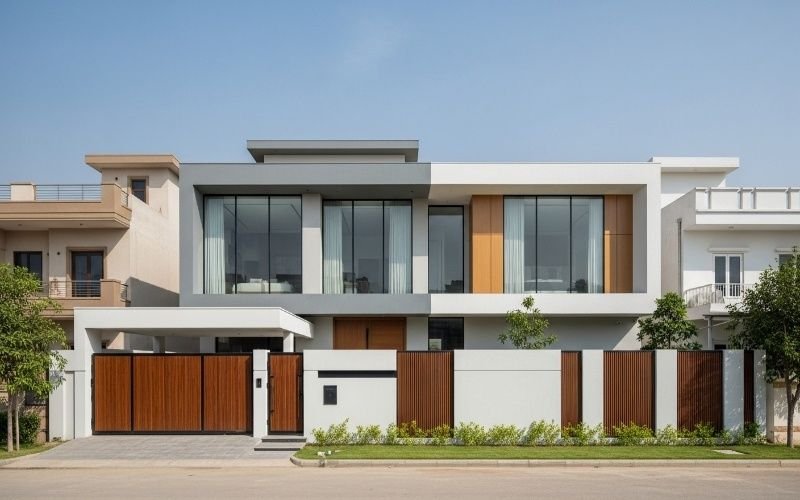 Modern double-story house with clean lines, large glass windows, and a wooden gate designed by a Modern Home Architect in Lahore.
