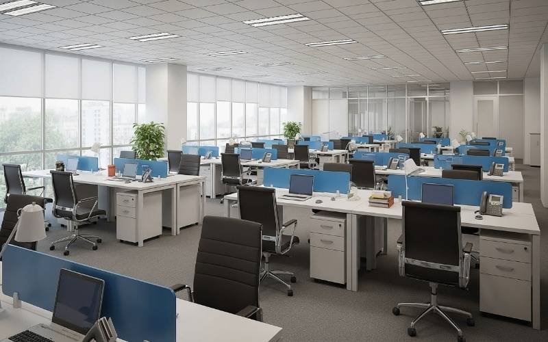 Spacious open-plan office interior designed under Office Architecture Design Packages in Pakistan, featuring organized workstations, ergonomic seating, and ample natural light.