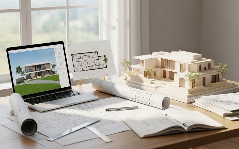 Workspace of a professional Villa Architect in DHA Lahore showing architectural drawings, 3D villa model, and design plans on a desk.