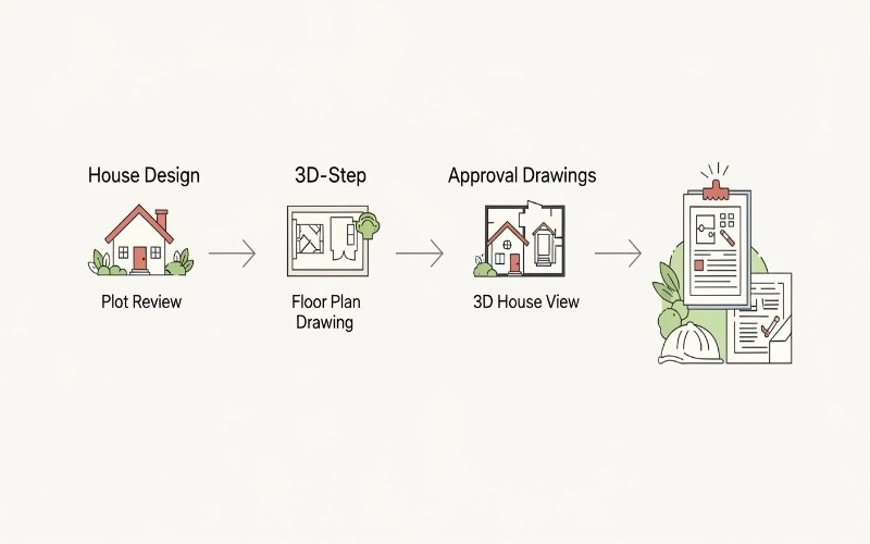 Step-by-step home planning process illustrated by a House Design Architect in Bahria Town Lahore, showing plot review, floor plan drawing, 3D house view, and approval drawings.