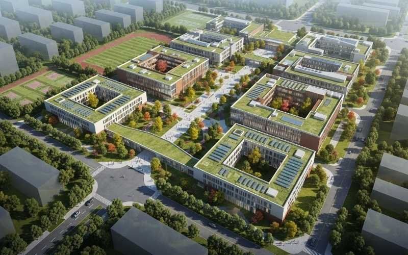 Smart School and University Building Architect planning a modern academic campus with clear zoning, green courtyards, and future-ready educational buildings.