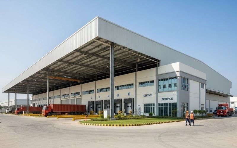 Modern warehouse and service facility designed by a Professional Industrial Building Architect in Pakistan, featuring loading docks, steel structure, and efficient industrial layout.