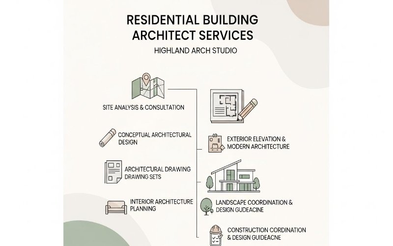 Infographic showing residential building architect services by expert home architects at Highland Arch Studio, including site analysis, architectural design, interior planning, and construction guidance.