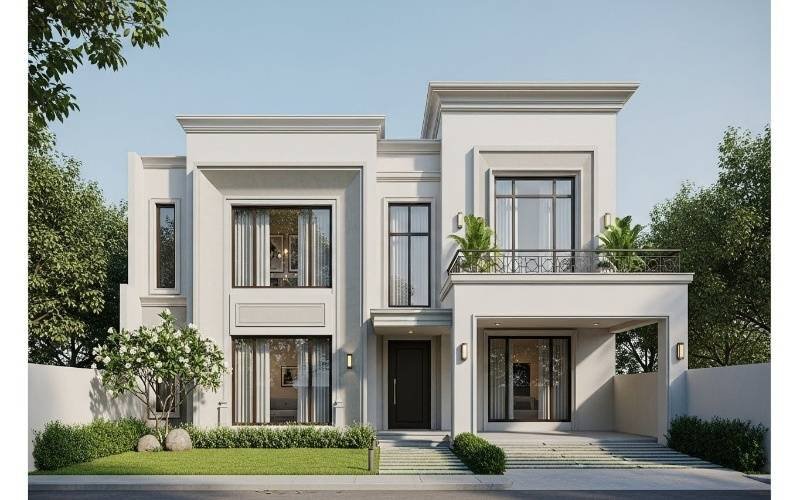 Modern two-story house showcasing residential building architect services by expert home architects with clean lines, large windows, and balanced landscape design.