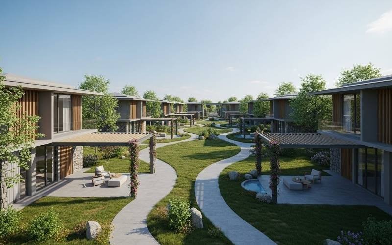 Eco-friendly resort layout designed with professional Hotel and Resort Architect Services in Pakistan, featuring private villas, green landscapes, and smooth pedestrian pathways.