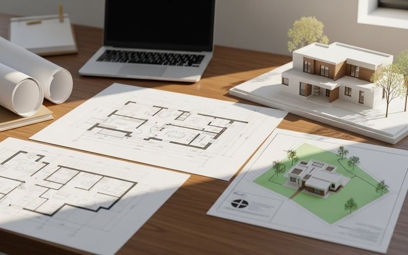 Architectural drawings and house model representing Custom Home Design Packages by Expert Architects with detailed planning and thoughtful layout design.