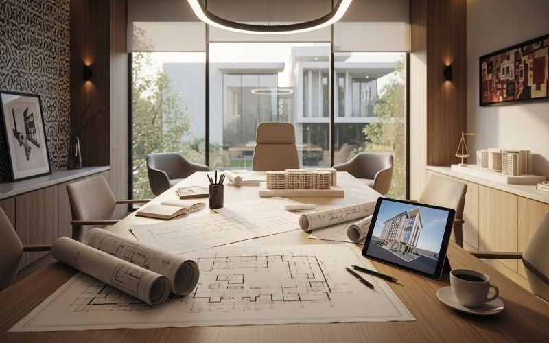 Modern architect office interior with architectural drawings, 3D building model, and design workspace by the Best Architect Company in Lahore.