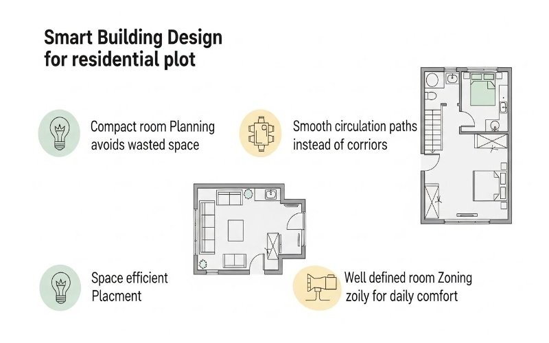 Smart residential plot layout demonstrating efficient room planning by a Custom Home Design Architect for Personalized Living Spaces, focusing on compact layouts, smooth circulation, and clear room zoning.