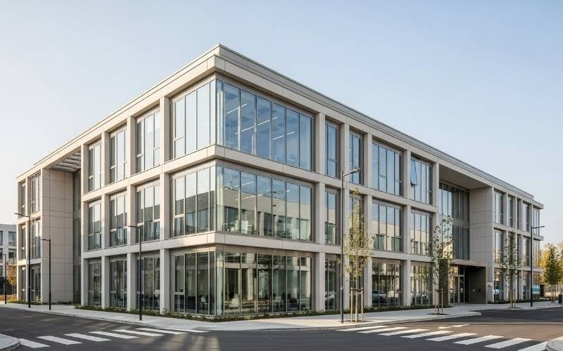 Modern office building with clean lines and large glass windows, designed by a smart and functional office building architect to support efficient work environments.