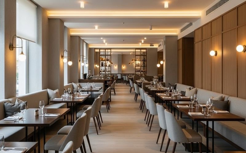 Smart and Stylish Restaurant Interior Architect design showcasing a modern dining space with clean lines, comfortable seating, warm lighting, and a well-planned layout that supports smooth customer flow and efficient service.