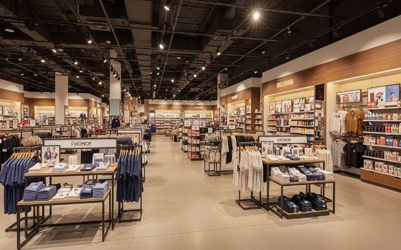 Spacious modern clothing retail store with organized racks, wide aisles, and warm lighting, showcasing professional Shop and Retail Architecture Services in Pakistan.