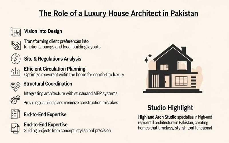Infographic showing the role of a luxury house architect in Pakistan with key points like vision into design, site analysis, circulation planning, structural coordination, and end-to-end expertise, alongside a house illustration and Highland Arch Studio highlight.
