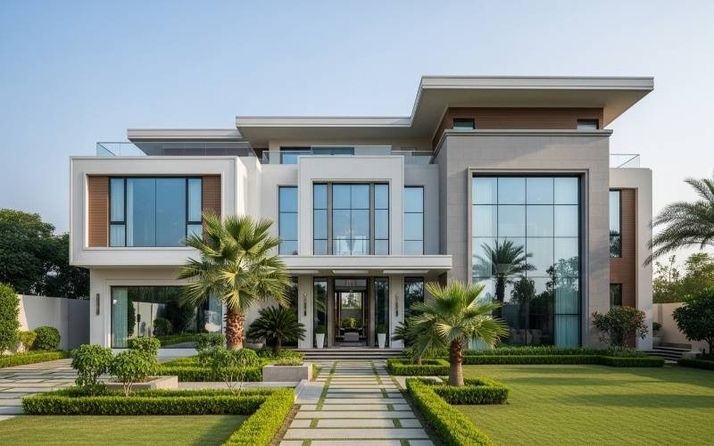 Modern luxury villa designed by a professional Villa Architect in DHA Lahore, featuring large glass windows, clean lines, and landscaped front lawn.