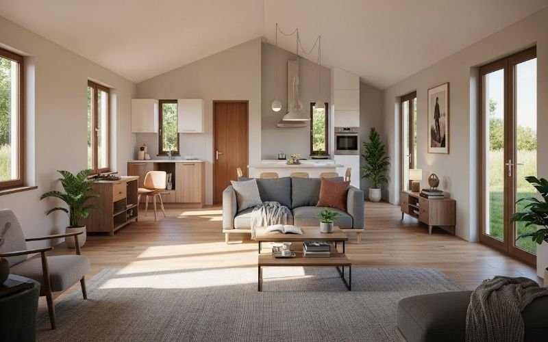 Open-plan living and kitchen interior designed by an affordable house design architect for low-budget homes, featuring smart layout, natural light, and simple finishes.