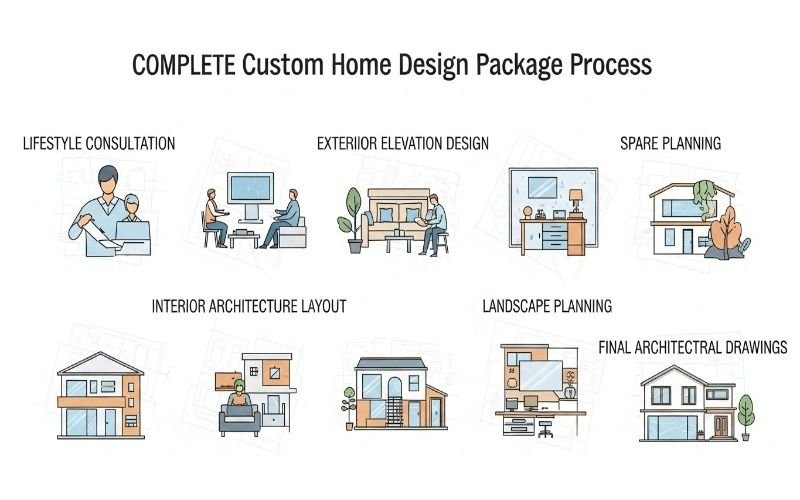 Illustrated workflow showing lifestyle consultation, exterior elevation design, interior architecture layout, space planning, landscape planning, and final drawings, representing Custom Home Design Packages Tailored to Your Lifestyle.
