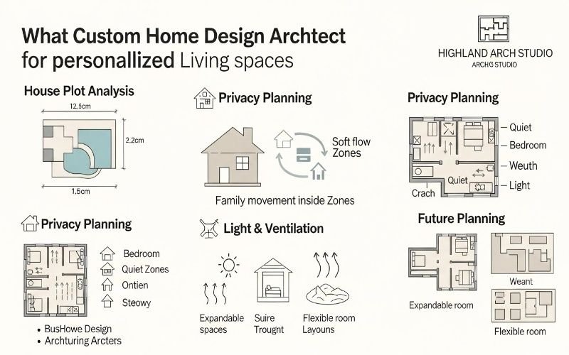 Concept diagram explaining the role of a Custom Home Design Architect for Personalized Living Spaces, showing plot analysis, privacy planning, family zoning, light, ventilation, and future expansion layouts.