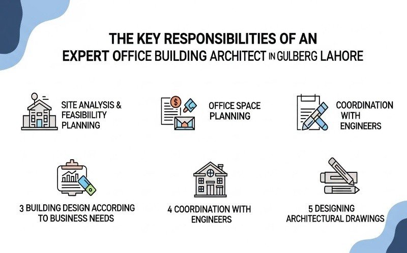 "Infographic showing the key responsibilities of an Expert Office Building Architect in Gulberg Lahore, including site analysis, office space planning, building design, coordination with engineers, and designing architectural drawings."