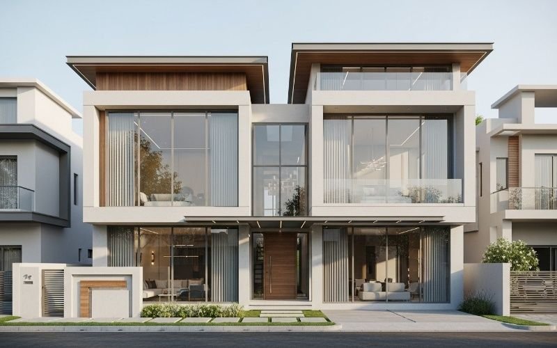 Luxury modern double-story house with large glass walls and wooden details designed by a Modern Home Architect in Lahore.
