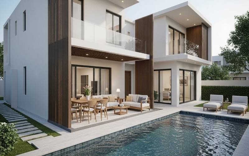 Modern 10 Marla villa with open layout, large windows, and outdoor pool designed by 10 Marla Villa Architect Services in Pakistan.