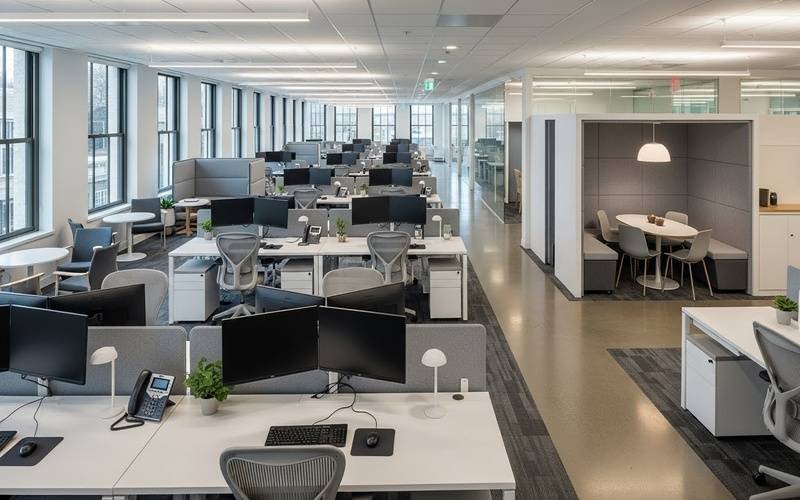 Open-plan office interior with organized workstations and meeting pods, planned by a smart and functional office building architect to support productivity.