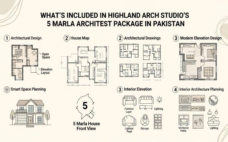 Infographic explaining the 5 Marla House Architect Package in Pakistan, showing architectural design, house maps, drawings, elevations, and interior planning.