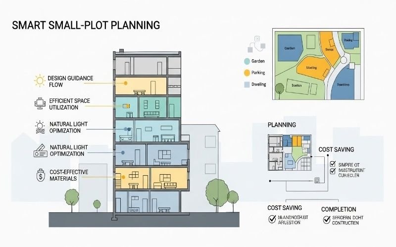 Smart small-plot planning infographic by a Small Home Design Architect in Pakistan, showing efficient space use, natural light optimization, cost-effective materials, and well-organized floor layouts for compact homes.