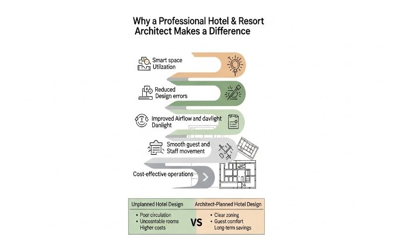 Infographic explaining the benefits of Hotel and Resort Architect Services in Pakistan, highlighting smart space planning, improved airflow, smooth circulation, and cost-effective hotel operations.