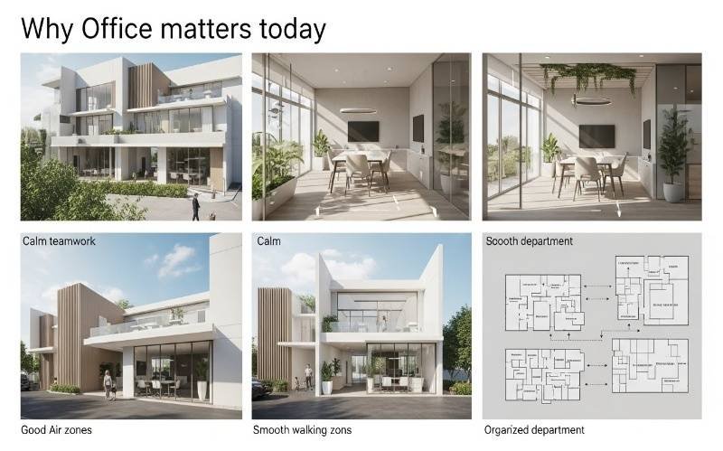 Modern office design visuals showing calm teamwork areas, natural light, smooth walking zones, and organized department layouts by an Expert Office Building Architect in Gulberg Lahore.