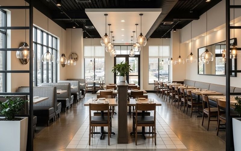 Smart and Stylish Restaurant Interior Architect design featuring a modern, well-organized dining space with balanced seating, clear circulation, and warm pendant lighting that enhances comfort and flow.