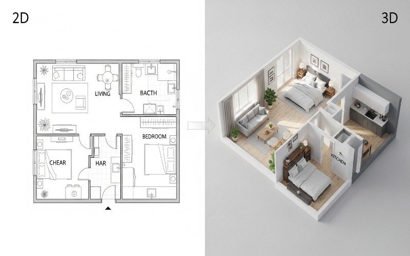 2D floor plan and realistic 3D apartment layout created using Professional 3D Architectural Design Services in Lahore, showing bedroom, living area, kitchen, and bathroom planning.